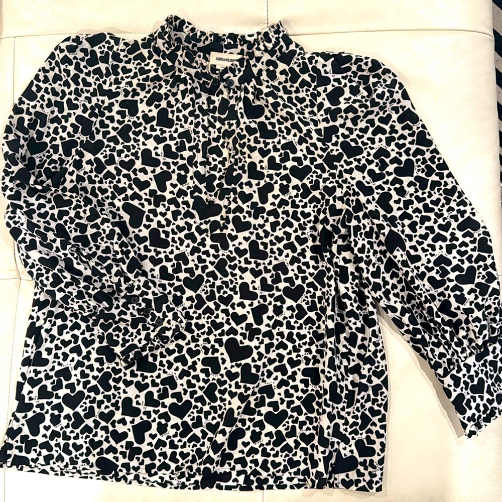 Zadig & Voltaire Titus Silk Blouse B/W Heart Print Size L